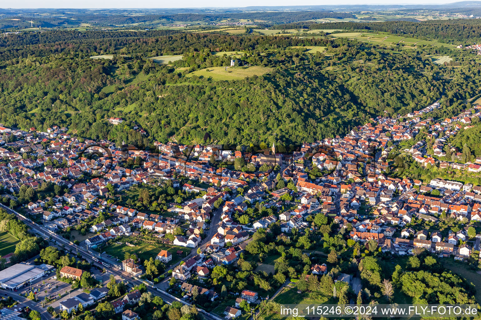 Oblique view of Town View of the streets and houses of the residential areas in Untergrombach in the state Baden-Wurttemberg, Germany