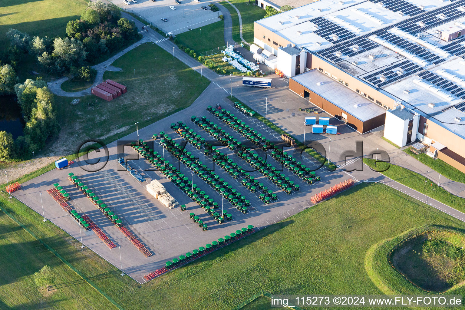 Aerial photograpy of Buildings and production halls on the vehicle construction site of John Deere GmbH & Co. KG on John-Deere-Strasse in the district Untergrombach in Bruchsal in the state Baden-Wurttemberg, Germany