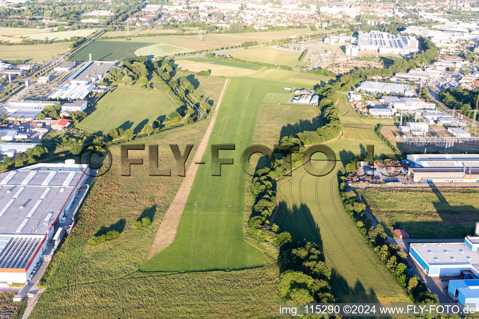 Runway with tarmac terrain of airfield Bruchsal EDTC in Bruchsal in the state Baden-Wurttemberg, Germany