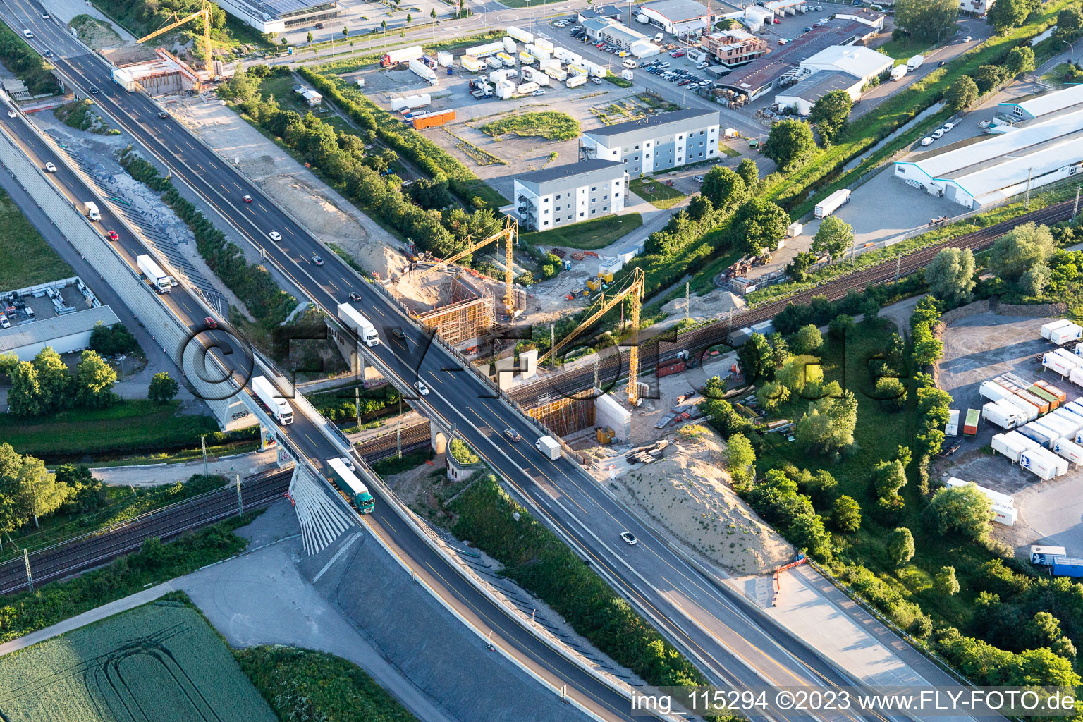 Construction site A5 motorway bridge over the railway tracks in the district Karlsdorf in Karlsdorf-Neuthard in the state Baden-Wuerttemberg, Germany