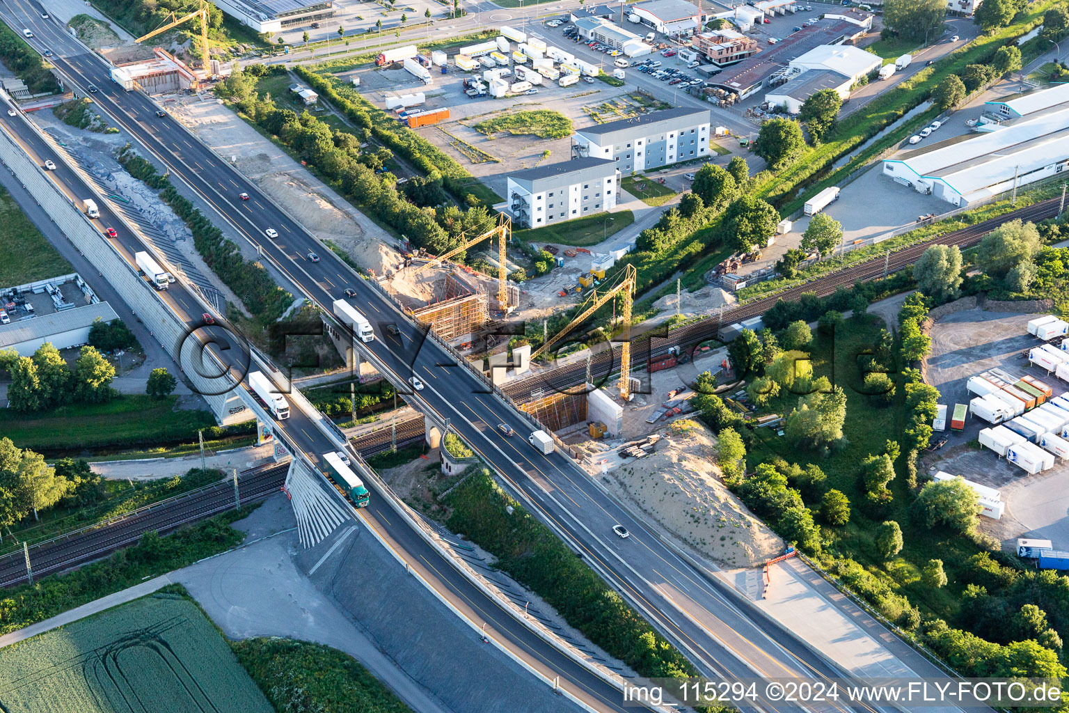 Construction site of the A5 motorway bridge over the railway tracks in the district Karlsdorf in Karlsdorf-Neuthard in the state Baden-Wuerttemberg, Germany