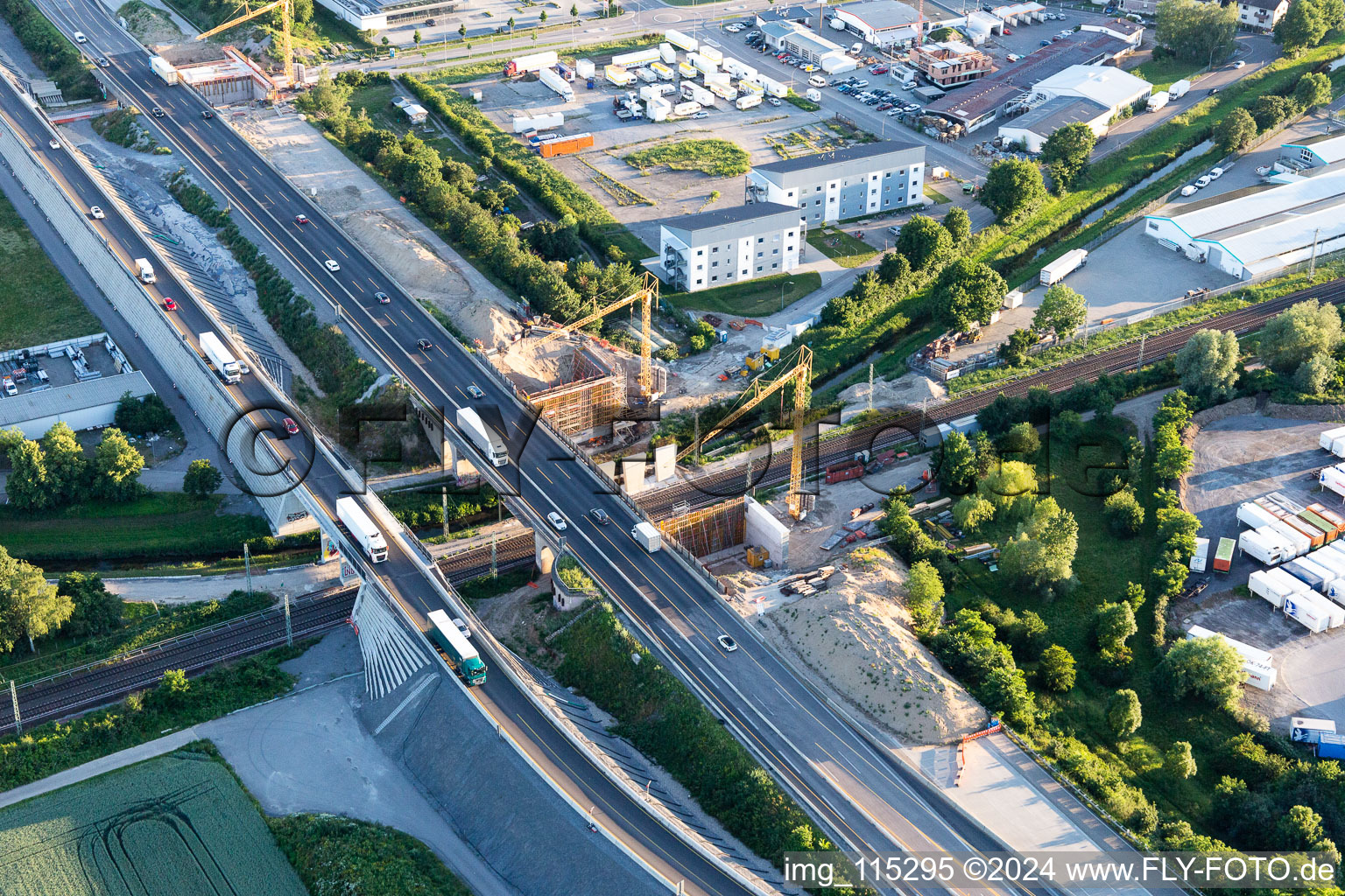 Aerial view of Construction site of the A5 motorway bridge over the railway tracks in the district Karlsdorf in Karlsdorf-Neuthard in the state Baden-Wuerttemberg, Germany