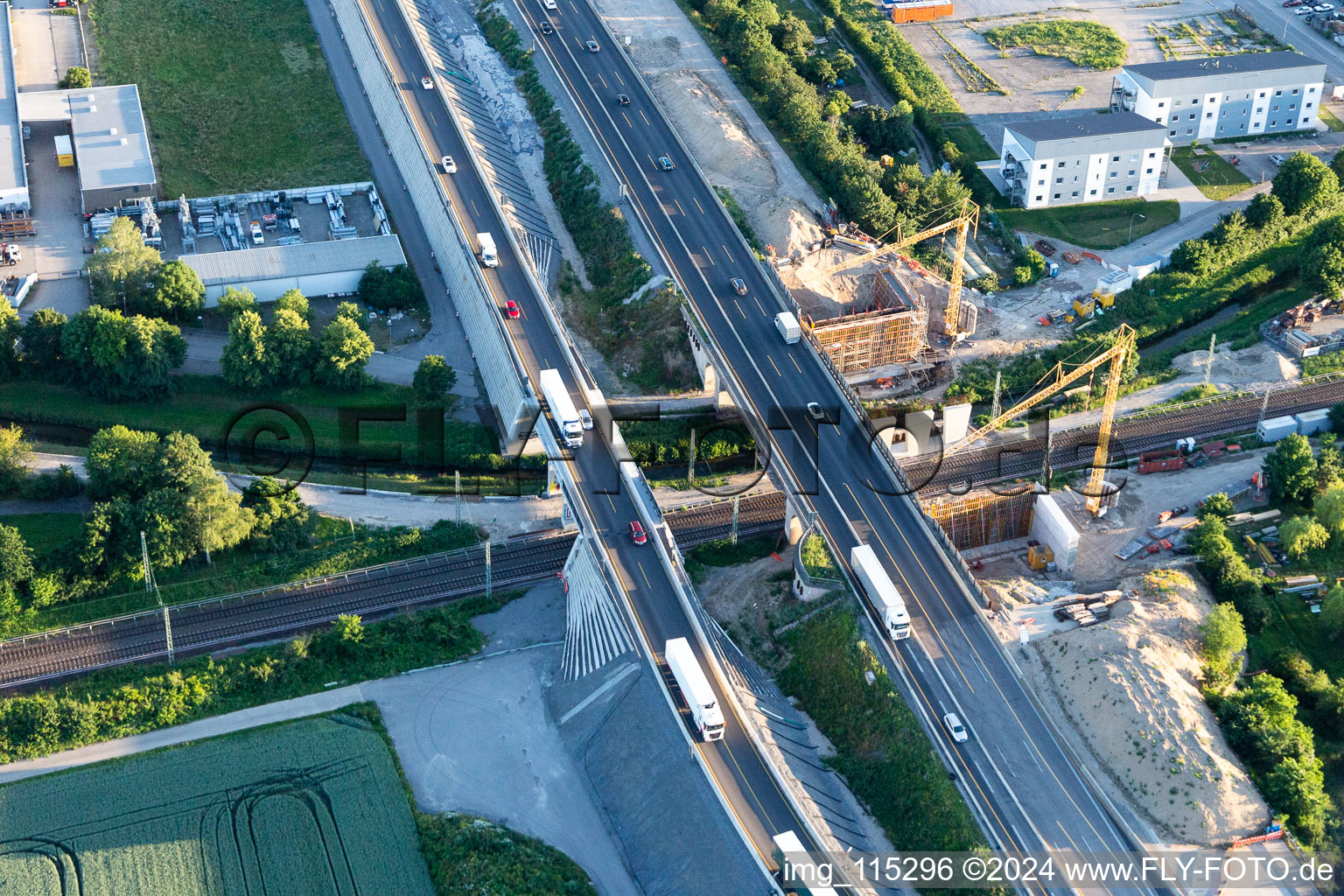 Aerial photograpy of Construction site of the A5 motorway bridge over the railway tracks in the district Karlsdorf in Karlsdorf-Neuthard in the state Baden-Wuerttemberg, Germany