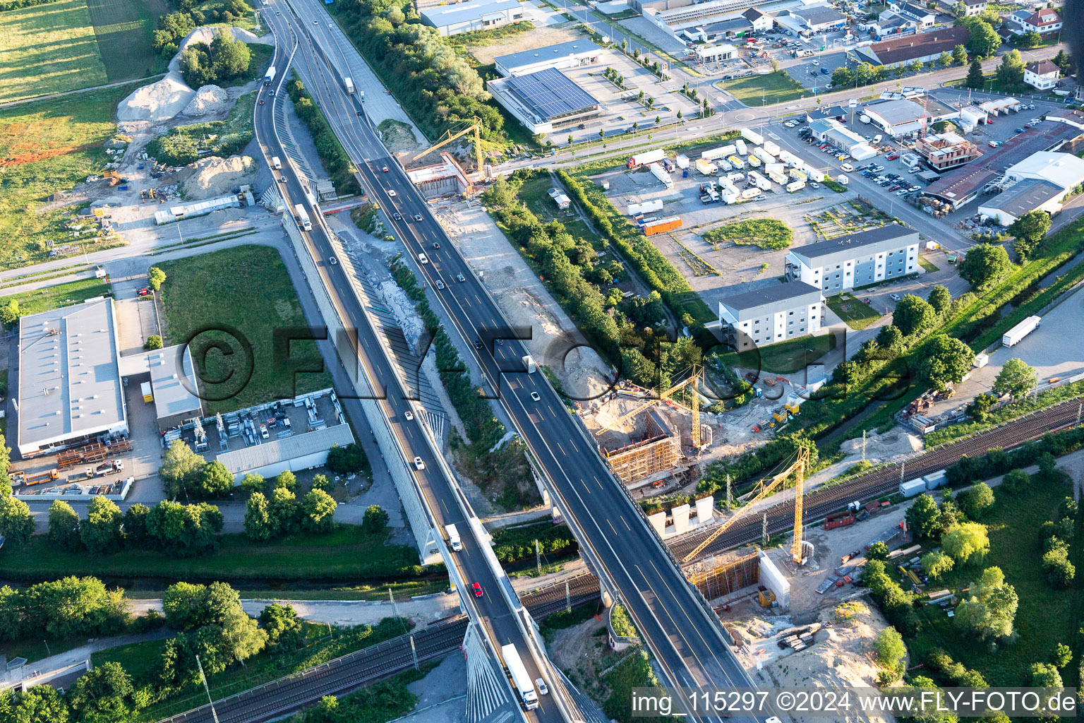 Oblique view of Construction site of the A5 motorway bridge over the railway tracks in the district Karlsdorf in Karlsdorf-Neuthard in the state Baden-Wuerttemberg, Germany