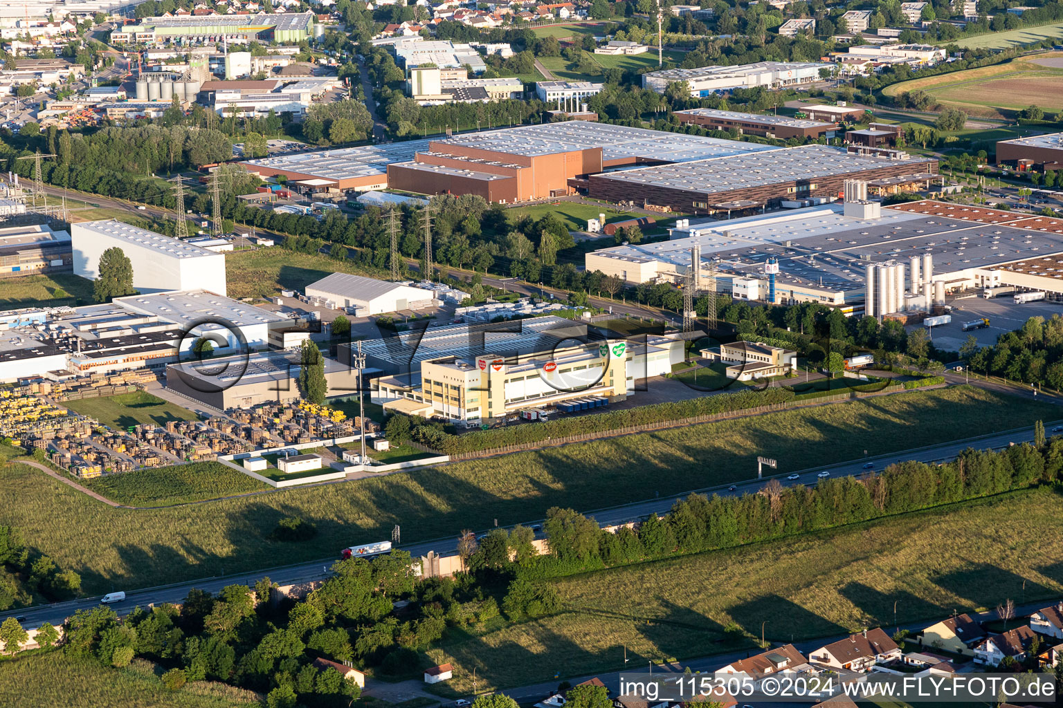 Aerial view of Building and production halls on the premises of Bernhard Zabler GmbH & Co. KG in Bruchsal in the state Baden-Wurttemberg, Germany