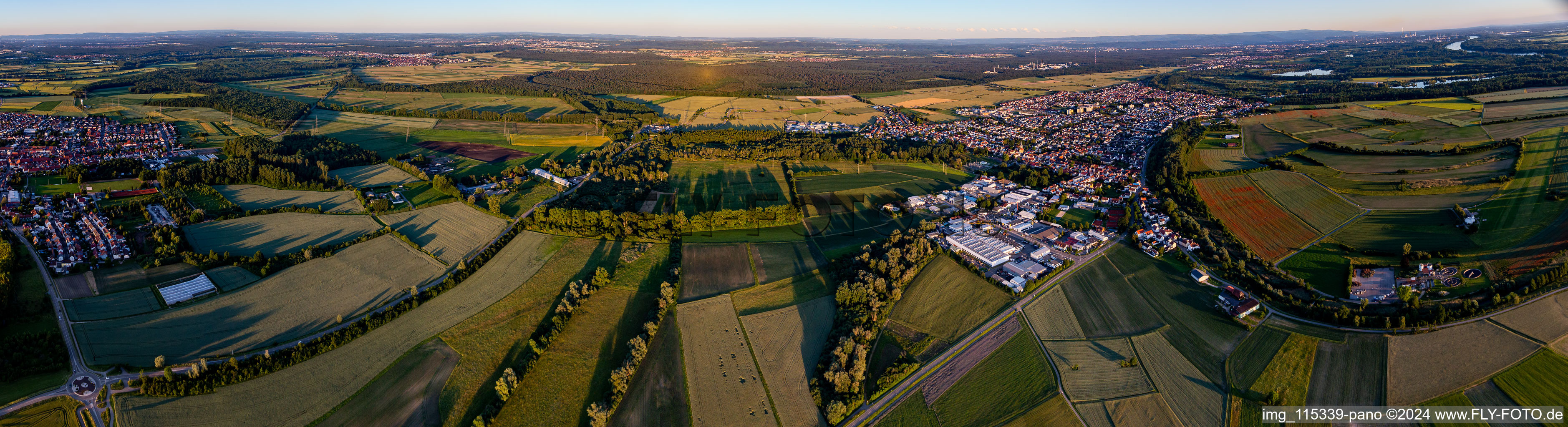 Panoramic perspective town View of the streets and houses of the residential areas in Linkenheim-Hochstetten in the state Baden-Wurttemberg, Germany