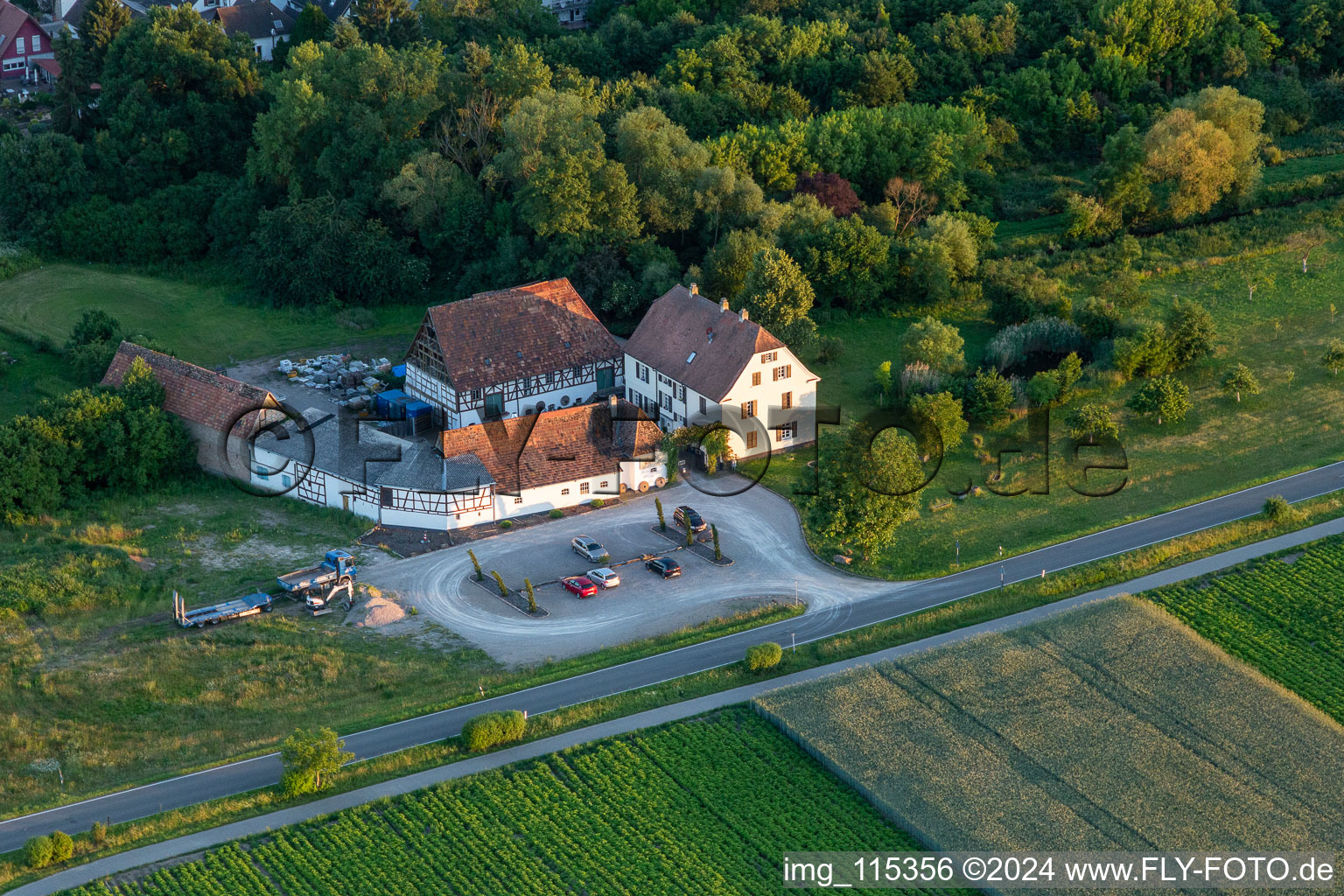 Aerial view of Gehrlein's Old Mill in Hatzenbühl in the state Rhineland-Palatinate, Germany