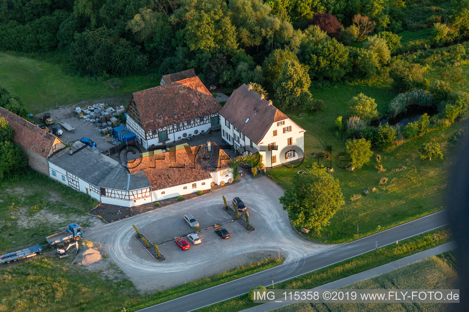 Aerial photograpy of Gehrlein's Old Mill in Rheinzabern in the state Rhineland-Palatinate, Germany