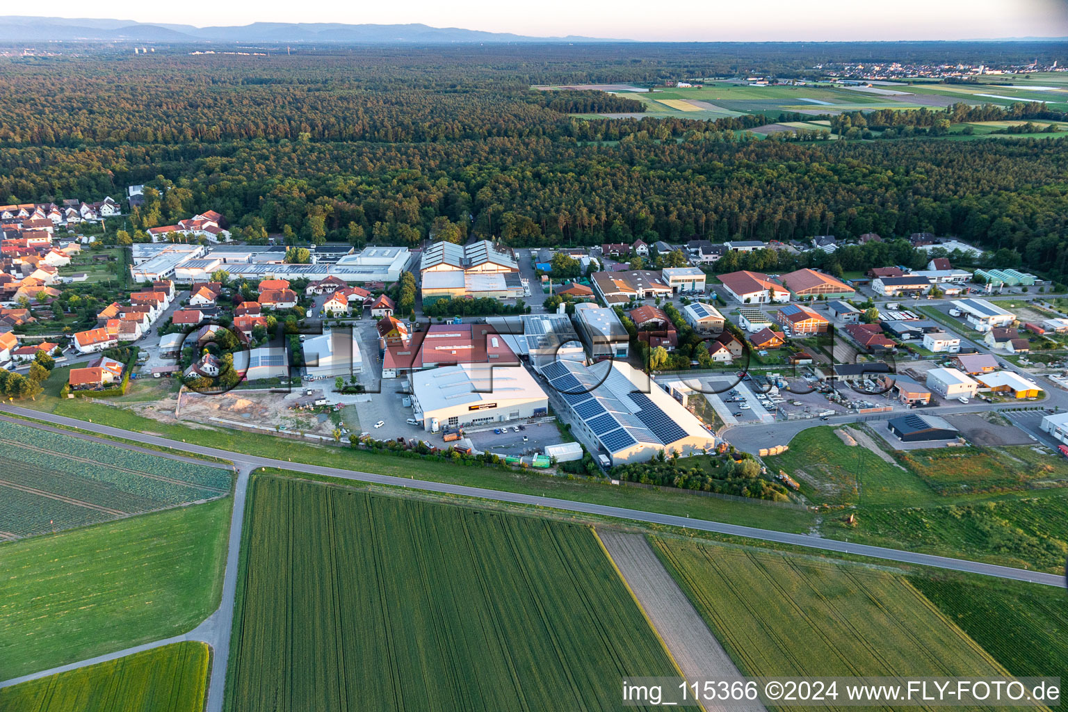 Aerial view of Industrial estate and company settlement Im Gereut with WWS Metallformen GmbH and HGGS LaserCUT GmbH & Co. KG in Hatzenbuehl in the state Rhineland-Palatinate