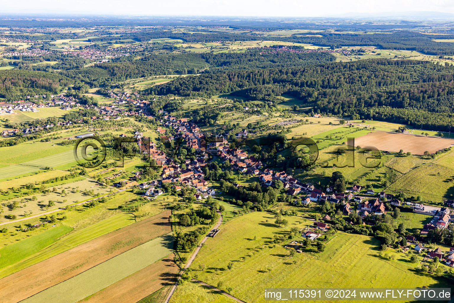 Aerial view of Langensoultzbach in the state Bas-Rhin, France