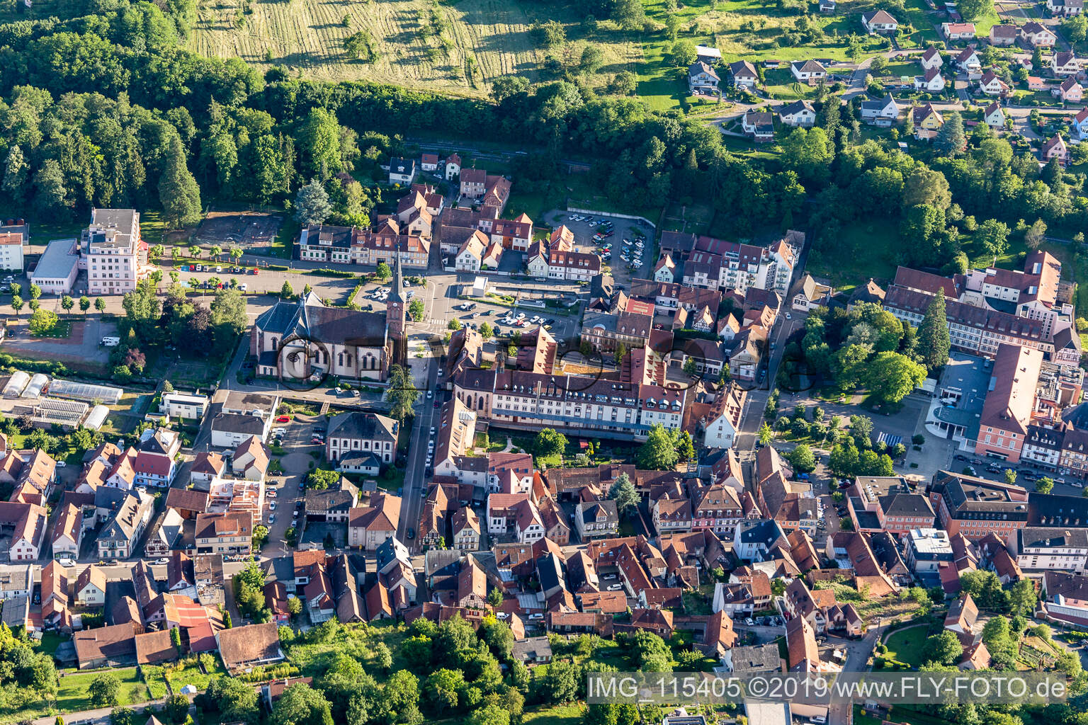 Niederbronn-les-Bains in the state Bas-Rhin, France seen from a drone