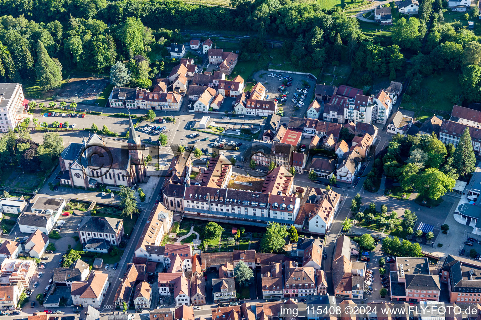 Aerial view of Niederbronn-les-Bains in the state Bas-Rhin, France