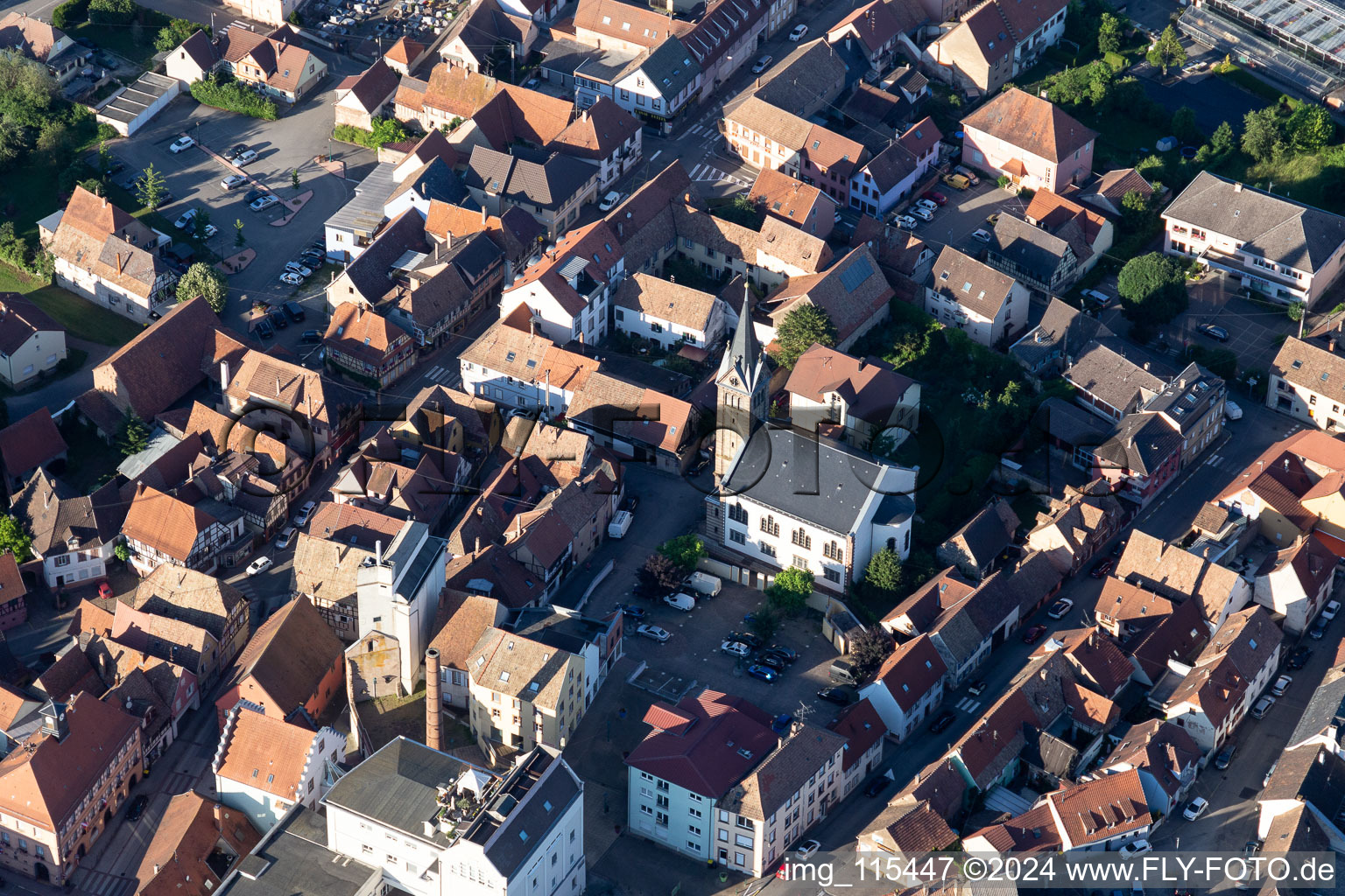 Aerial view of Church building in the village of in Pfaffenhoffen in Grand Est, France