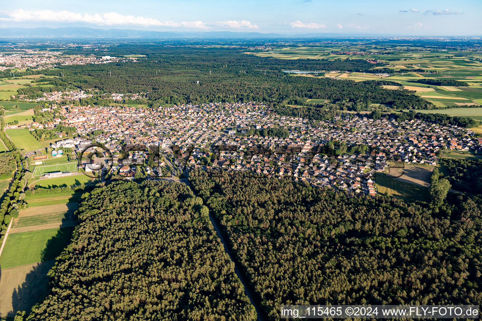 Aerial view of Schweighouse-sur-Moder in the state Bas-Rhin, France