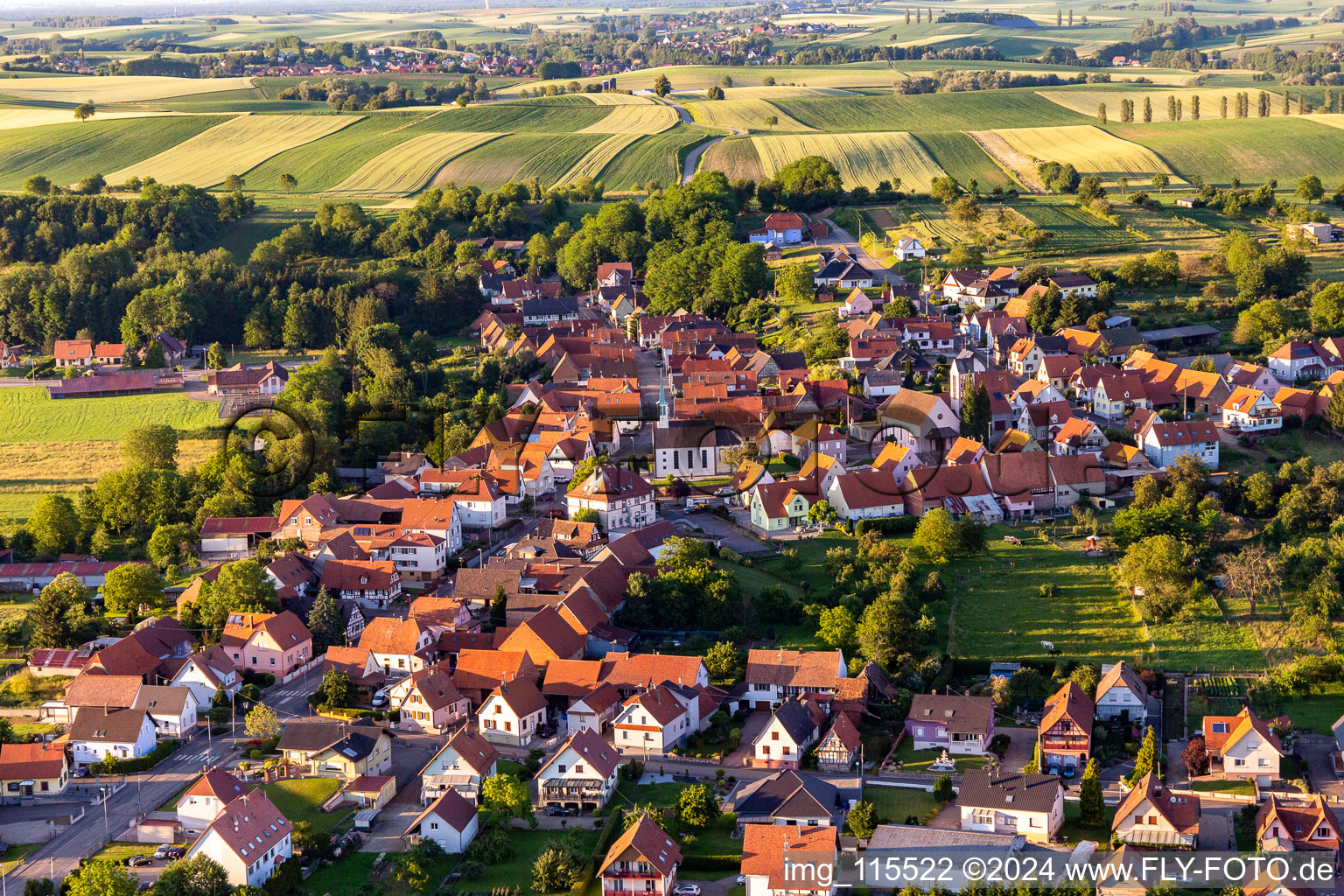 Agricultural land and field borders surround the settlement area of the village in Buhl in Grand Est, France