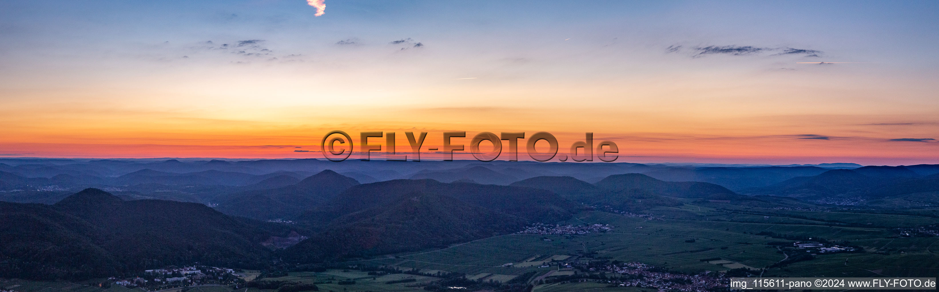 Panoramic perspective of forest and mountain scenery after sunset at the edge of the Hardtr in Pfaelzerwald between Klingenmuenster and Albersweiler in Eschbach in the state Rhineland-Palatinate, Germany, Sonnenuntergang