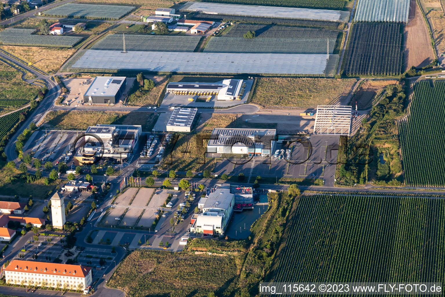 Aerial view of Cineplex Decathlon in Neustadt an der Weinstraße in the state Rhineland-Palatinate, Germany