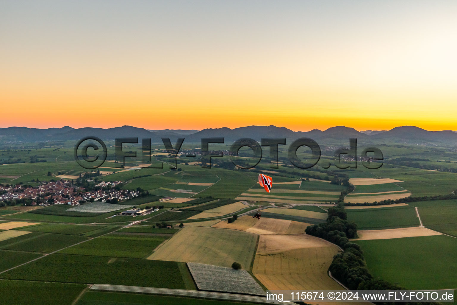 Sunset over the countryside on edge of the Haardt of Palatinat Forest in Impflingen in the state Rhineland-Palatinate, Germany