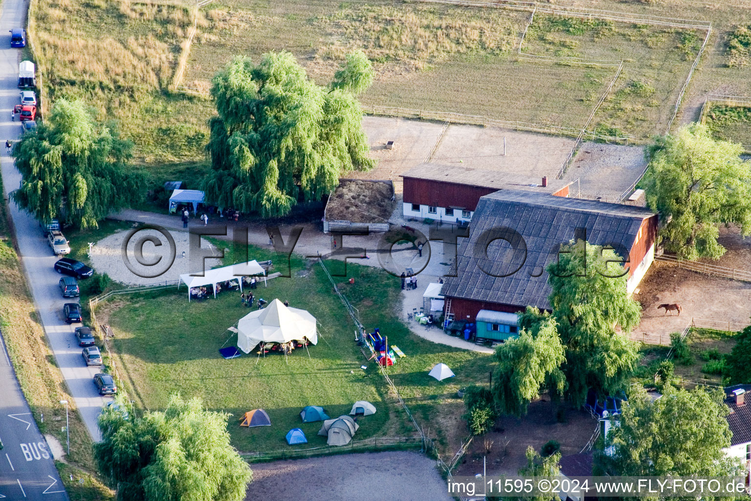 Aerial view of Reithof Trab eV therapeutic riding on Lake Constance in the district Wollmatingen in Konstanz in the state Baden-Wuerttemberg, Germany