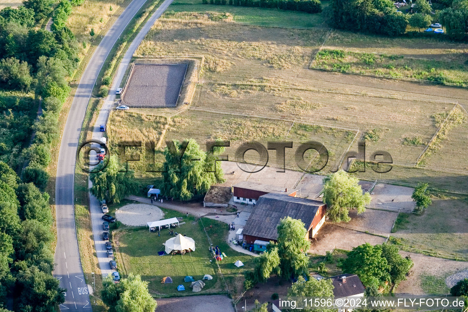 Aerial photograpy of Reithof Trab eV therapeutic riding on Lake Constance in the district Wollmatingen in Konstanz in the state Baden-Wuerttemberg, Germany