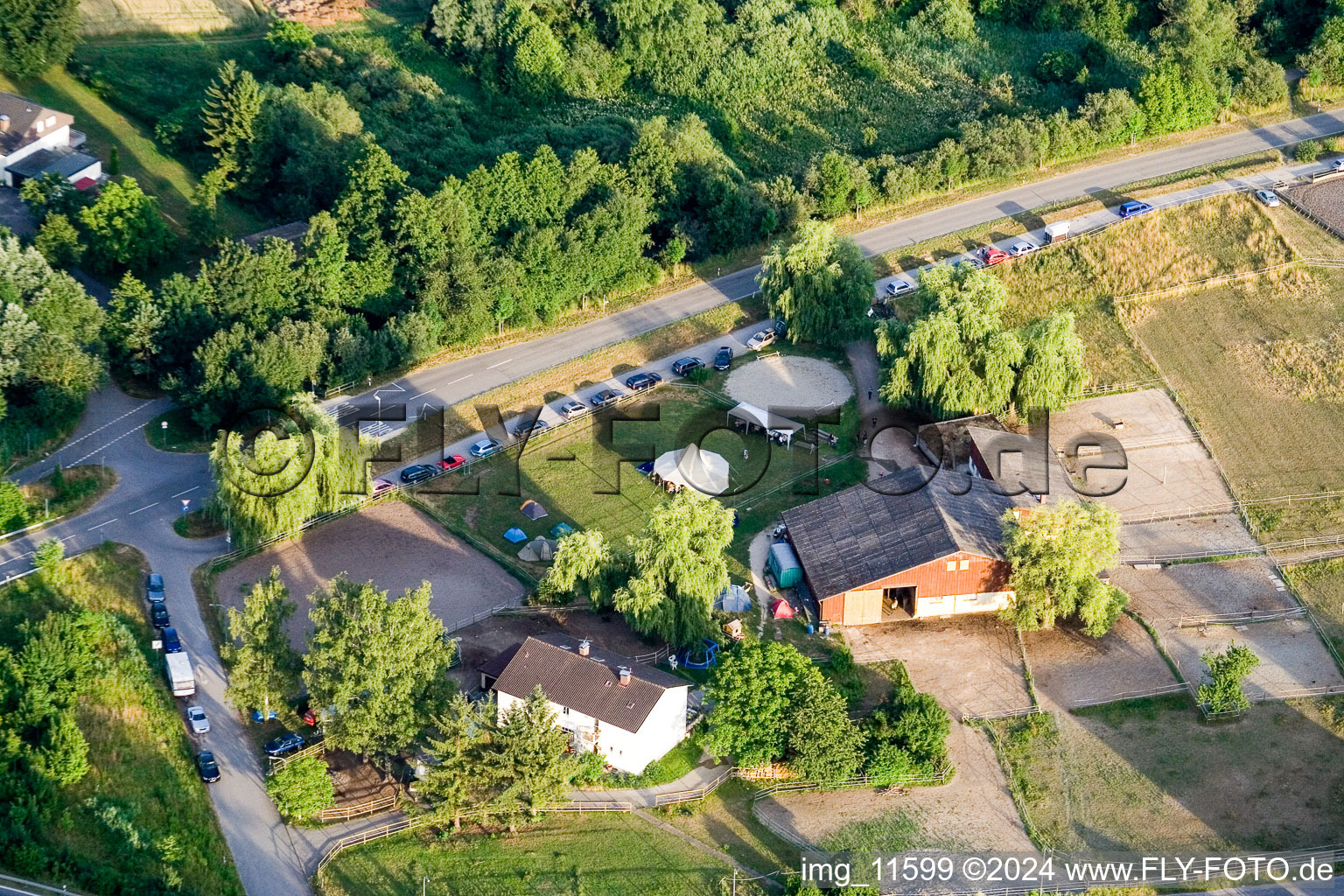 Oblique view of Reithof Trab eV therapeutic riding on Lake Constance in the district Wollmatingen in Konstanz in the state Baden-Wuerttemberg, Germany