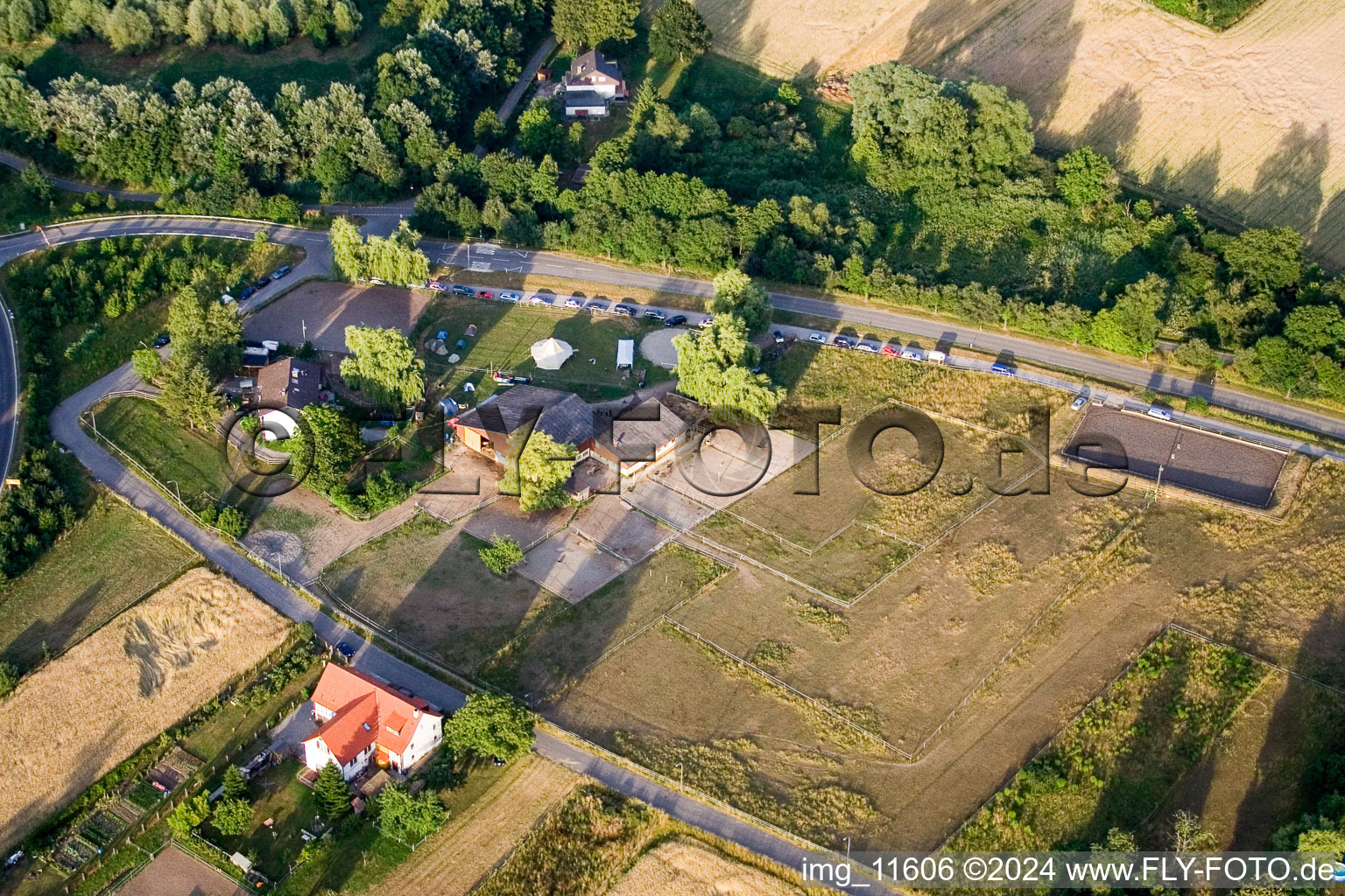 Reithof Trab eV therapeutic riding on Lake Constance in the district Wollmatingen in Konstanz in the state Baden-Wuerttemberg, Germany seen from above