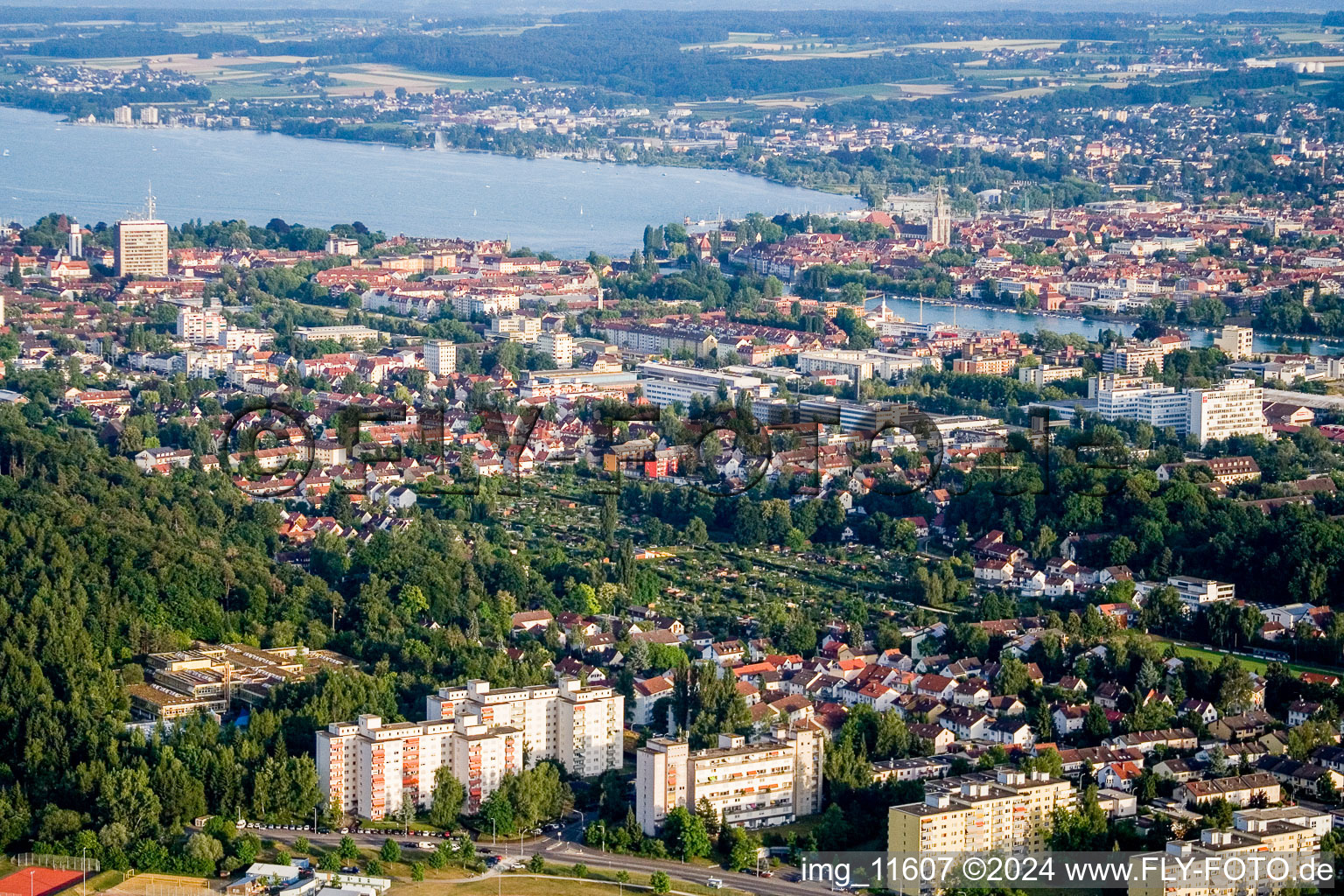 Aerial view of Town View of the streets and houses of the residential areas in the district Fuerstenberg in Konstanz in the state Baden-Wurttemberg, Germany