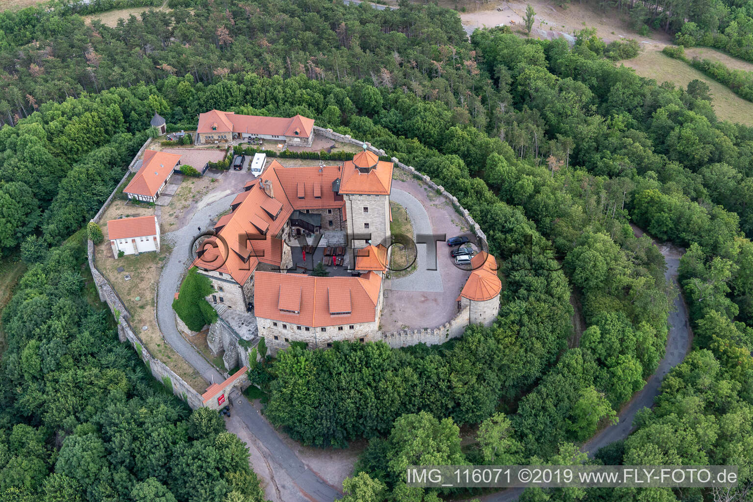 Aerial view of Wachsenburg Castle in Amt Wachsenburg in the state Thuringia, Germany