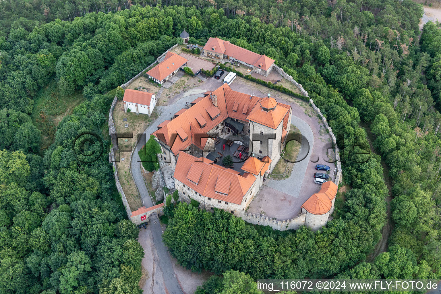 Aerial photograpy of Wachsenburg Castle in Amt Wachsenburg in the state Thuringia, Germany