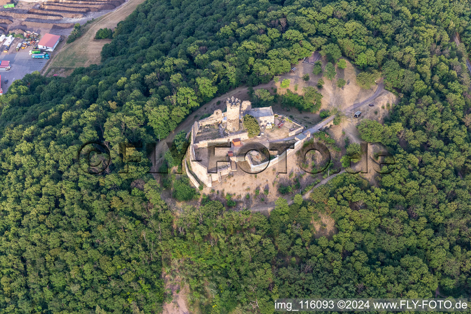 Aerial photograpy of Ruins and vestiges of the former castle and fortress Muehlburg in the district Muehlberg in Drei Gleichen in the state Thuringia, Germany