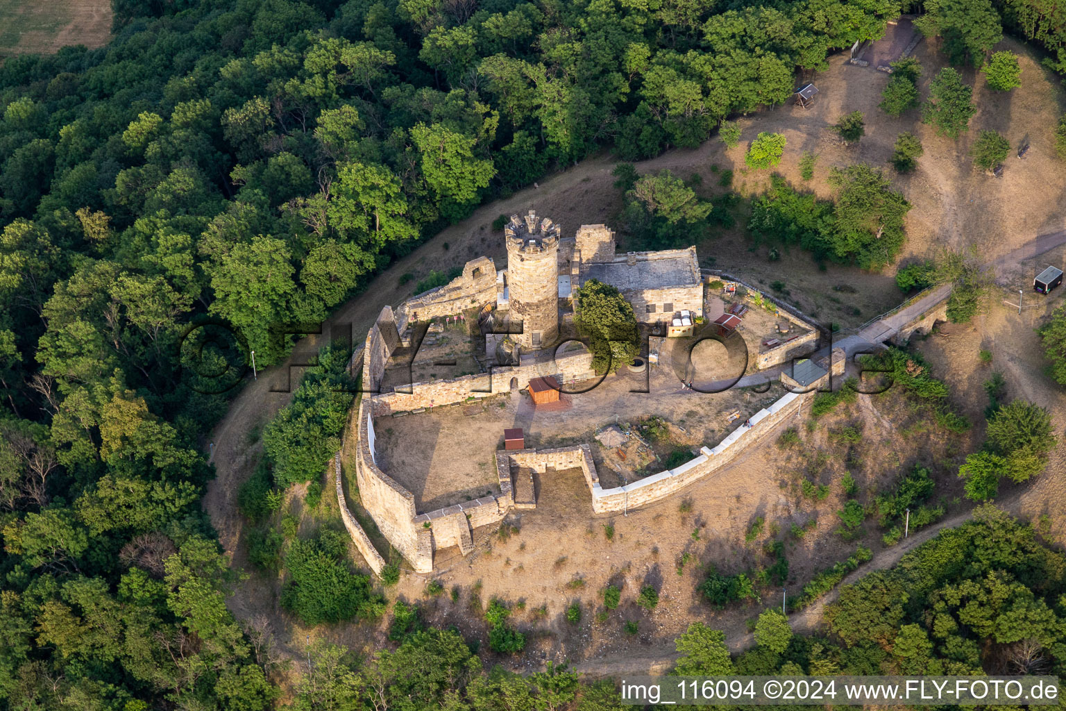 Oblique view of Ruins and vestiges of the former castle and fortress Muehlburg in the district Muehlberg in Drei Gleichen in the state Thuringia, Germany