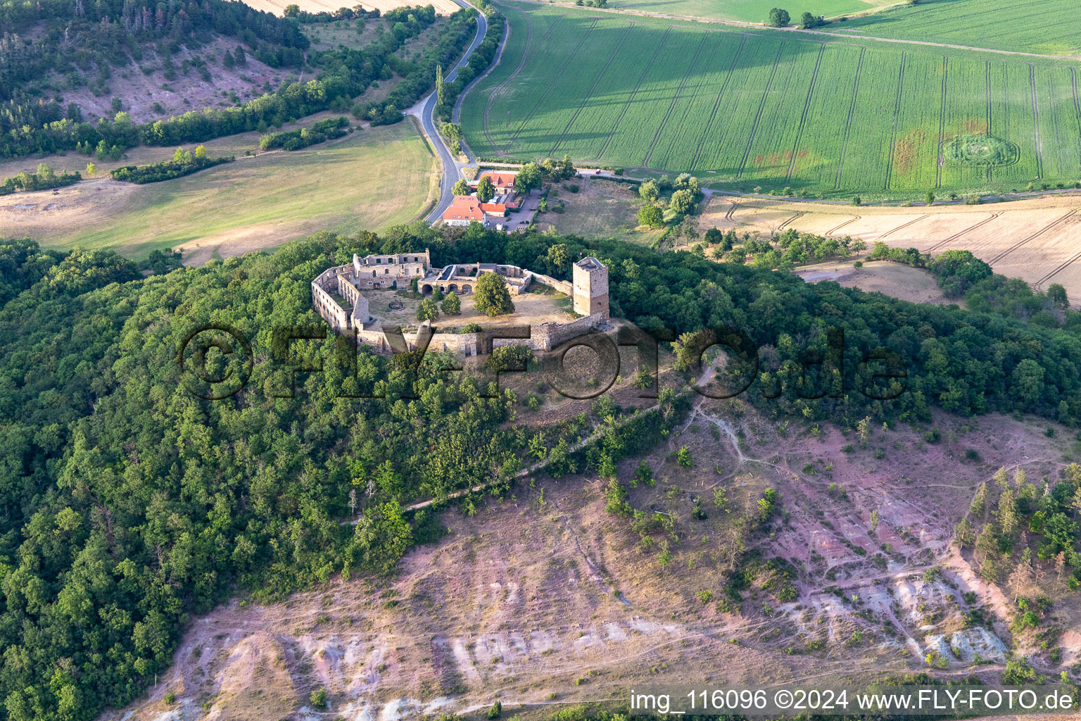 Ruins and vestiges of the former castle and fortress Burg Gleichen on Thomas-Muentzer-Strasse in the district Wandersleben in Drei Gleichen in the state Thuringia, Germany from above