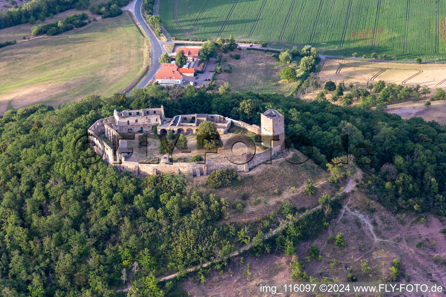 Ruins and vestiges of the former castle and fortress Muehlburg in the district Muehlberg in Drei Gleichen in the state Thuringia, Germany from above