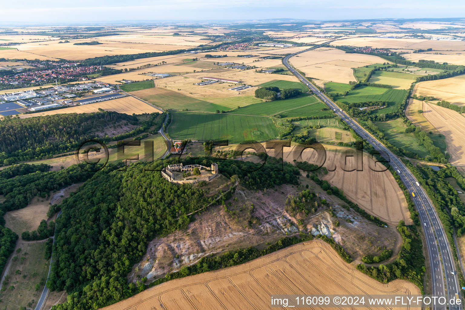Ruins and vestiges of the former castle and fortress Burg Gleichen on Thomas-Muentzer-Strasse in the district Wandersleben in Drei Gleichen in the state Thuringia, Germany out of the air
