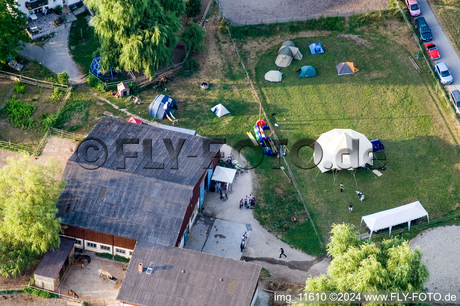 Bird's eye view of Reithof Trab eV therapeutic riding on Lake Constance in the district Wollmatingen in Konstanz in the state Baden-Wuerttemberg, Germany