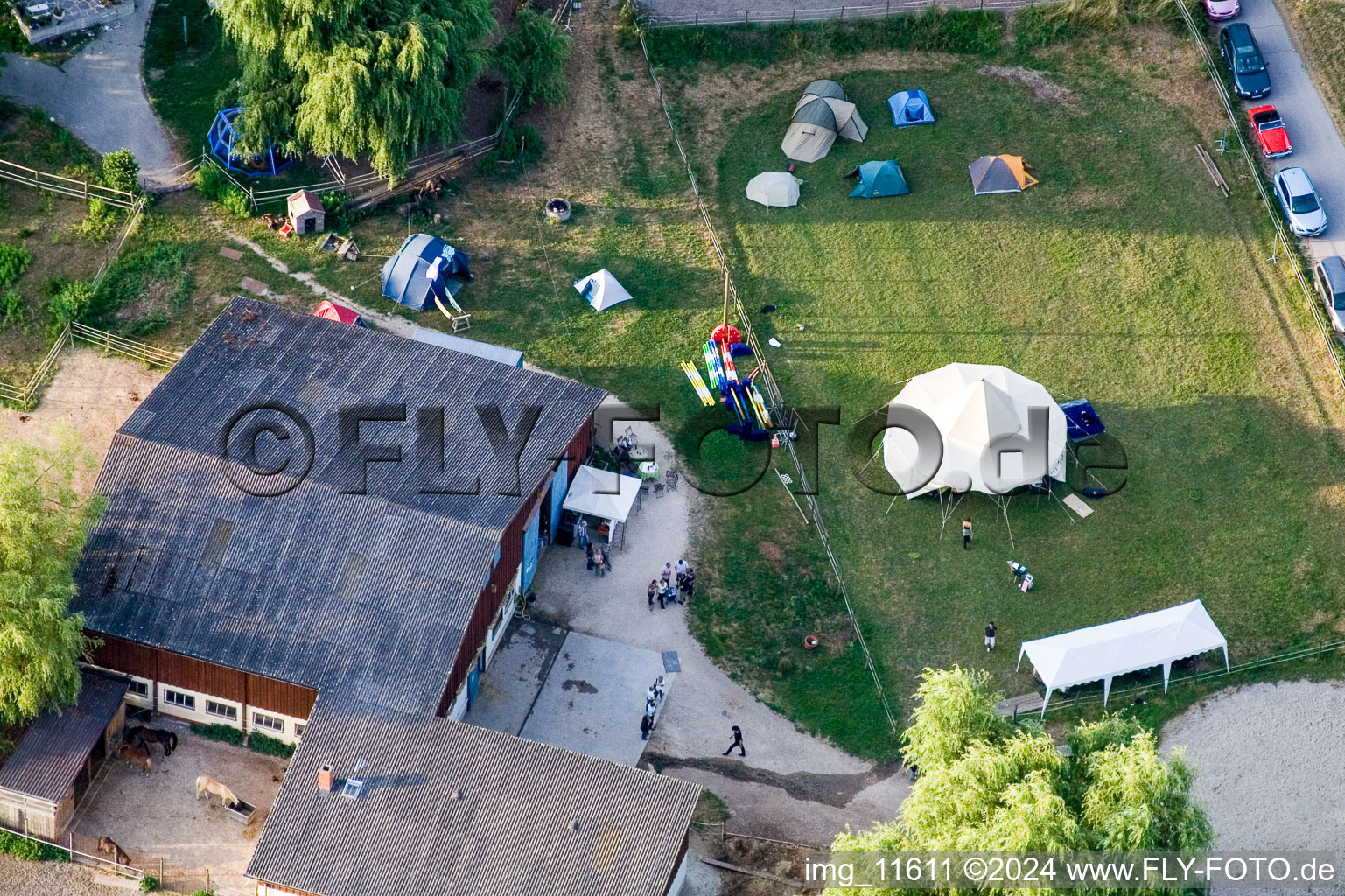 Reithof Trab eV therapeutic riding on Lake Constance in the district Wollmatingen in Konstanz in the state Baden-Wuerttemberg, Germany viewn from the air