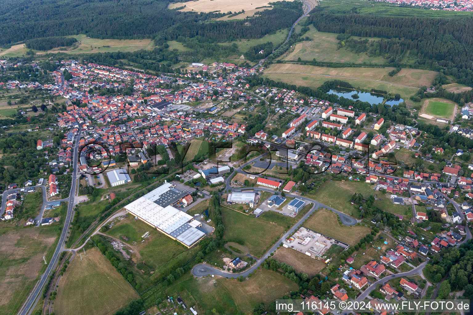 Surrounded by forest and forest areas center of the streets and houses and residential areas in Graefenroda in the state Thuringia, Germany