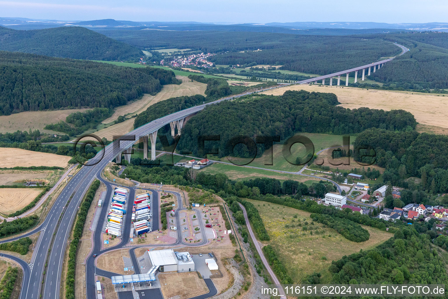 Routing and traffic lanes over the highway bridge in the motorway A 71 in Geraberg in the state Thuringia, Germany