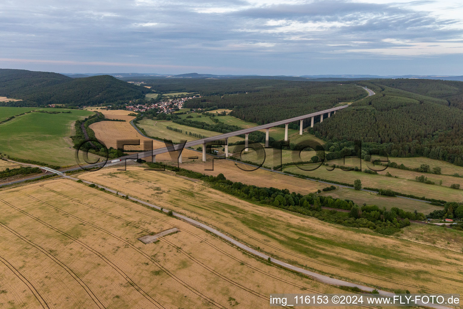 Aerial view of Routing and traffic lanes over the highway bridge in the motorway A 71 in Geraberg in the state Thuringia, Germany