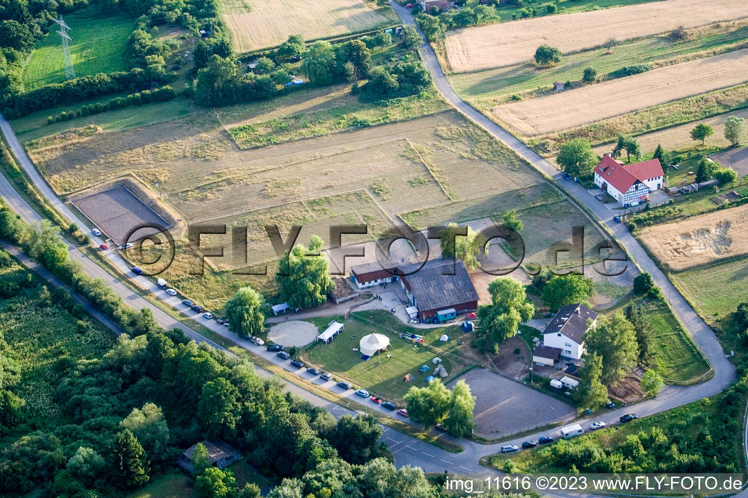 Reithof Trab eV therapeutic riding on Lake Constance in the district Wollmatingen in Konstanz in the state Baden-Wuerttemberg, Germany from the drone perspective