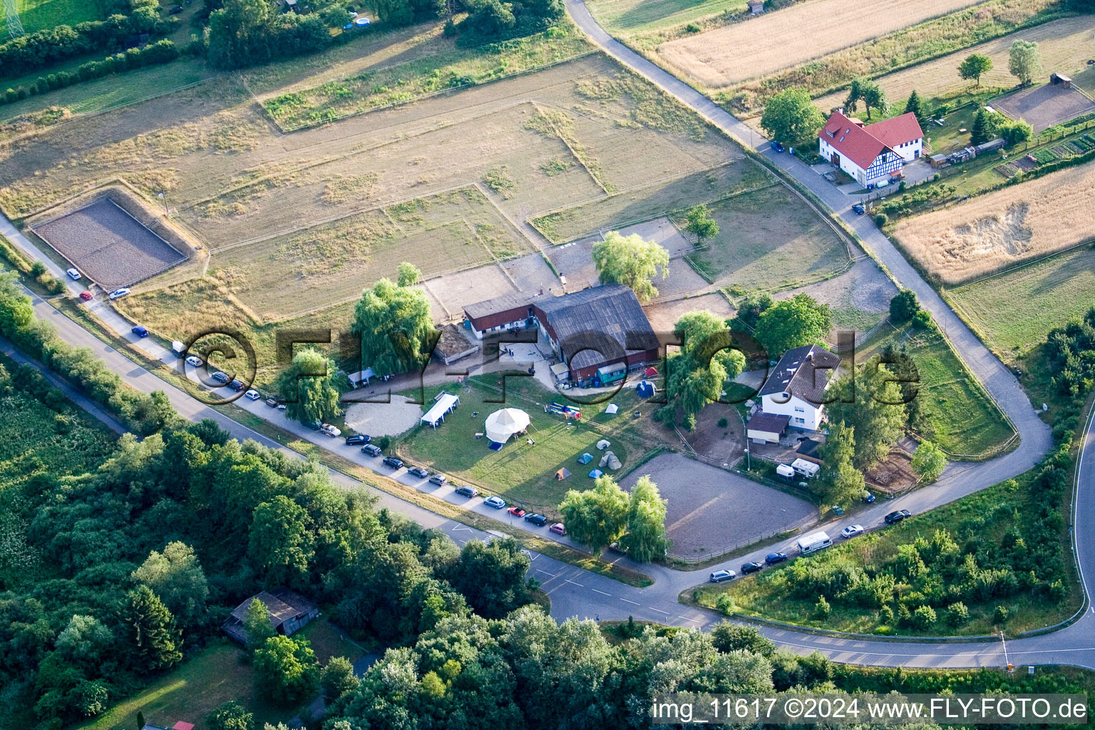 Reithof Trab eV therapeutic riding on Lake Constance in the district Wollmatingen in Konstanz in the state Baden-Wuerttemberg, Germany from a drone