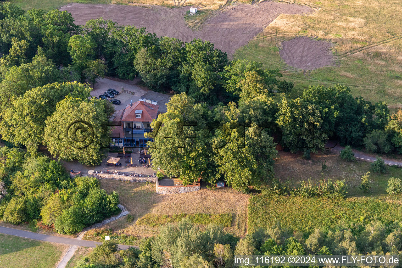 Aerial view of Lakeside restaurant "Am Kap in Prenzlau in the state Brandenburg, Germany