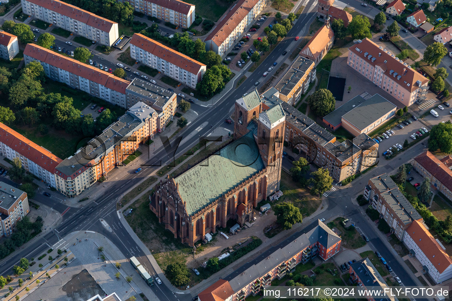 Aerial view of Church building of the cathedral of Maria in Prenzlau in the state Brandenburg, Germany