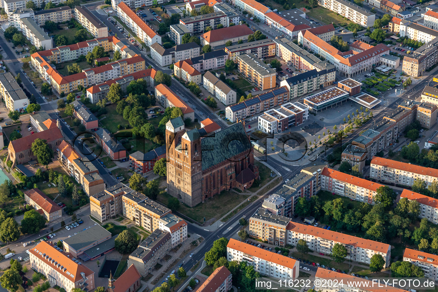 Aerial view of Church building Marienkirche on Marienkirchstrasse in Prenzlau in the state Brandenburg, Germany