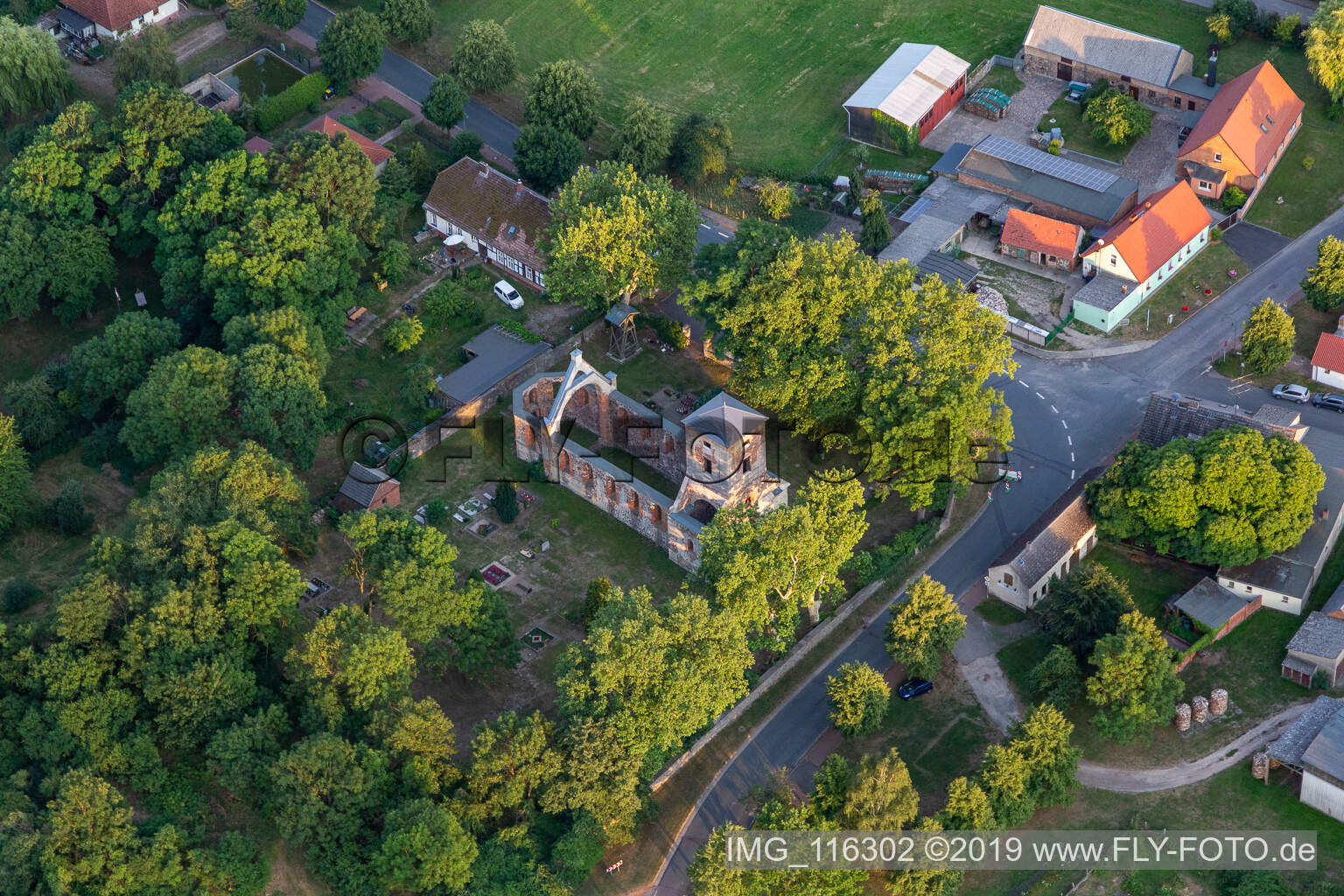 Aerial view of Ruin of the church building of in Flieth-Stegelitz in the state Brandenburg, Germany