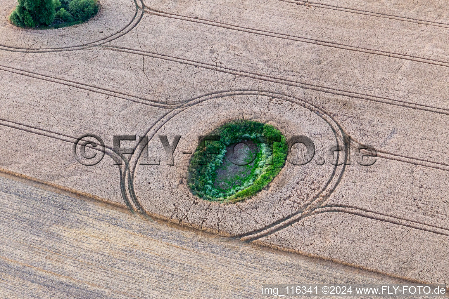 Aerial photograpy of Round structure from glacier remain on a field in Gerswalde in the state Brandenburg, Germany