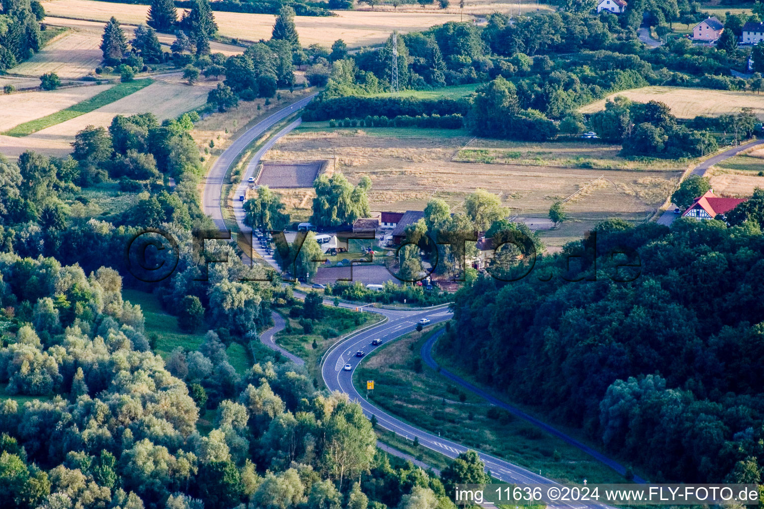 Reithof Trab eV therapeutic riding on Lake Constance in the district Wollmatingen in Konstanz in the state Baden-Wuerttemberg, Germany seen from a drone