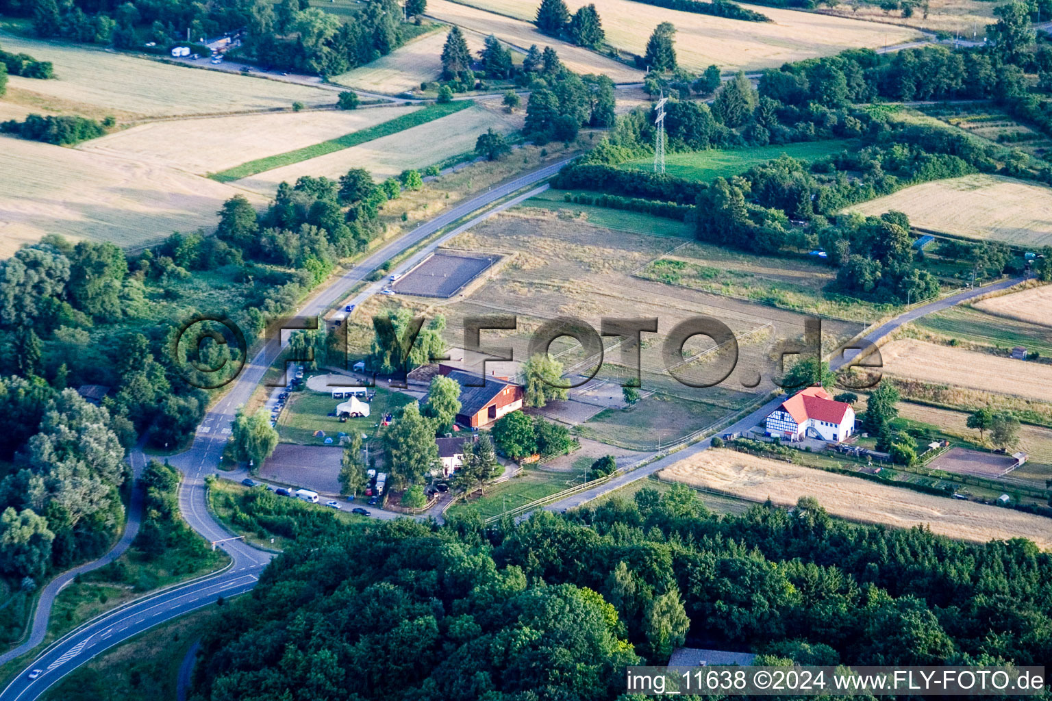 Aerial view of Reithof Trab eV therapeutic riding on Lake Constance in the district Wollmatingen in Konstanz in the state Baden-Wuerttemberg, Germany