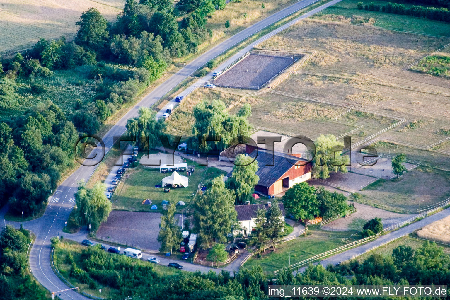 Aerial photograpy of Reithof Trab eV therapeutic riding on Lake Constance in the district Wollmatingen in Konstanz in the state Baden-Wuerttemberg, Germany