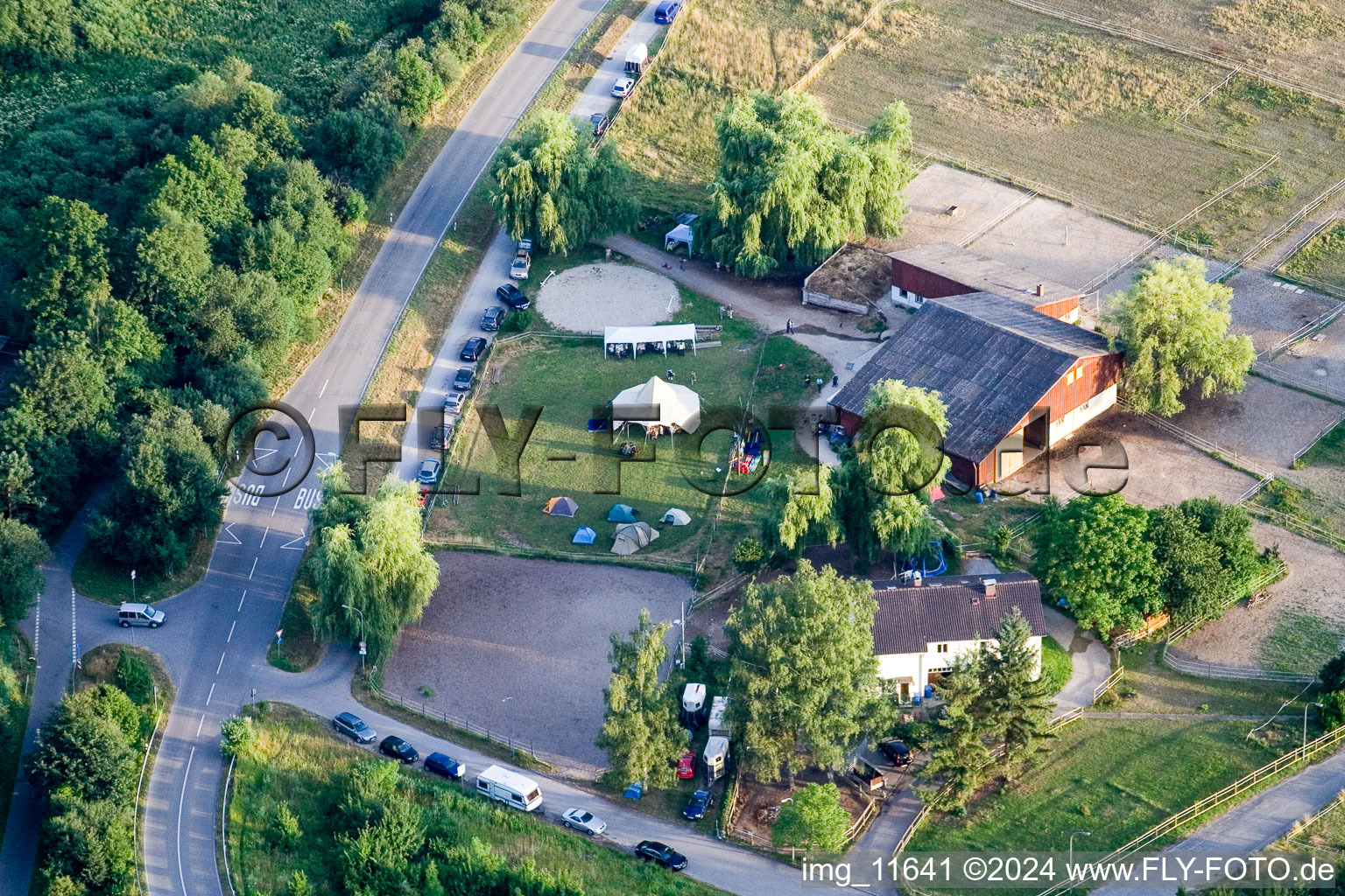 Oblique view of Reithof Trab eV therapeutic riding on Lake Constance in the district Wollmatingen in Konstanz in the state Baden-Wuerttemberg, Germany